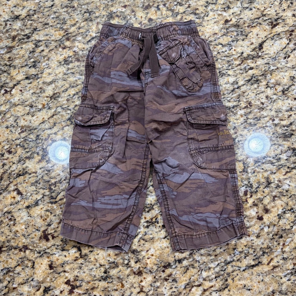 OshKosh B'gosh Kids 2T Camo Cargo Pants Brown Grey Elastic Waist Drawstring